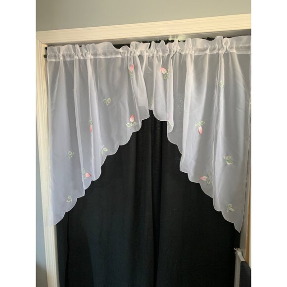 Sheer White Embroidered Curtain Panels with Pink Floral Design Scalloped Edges - Picture 2 of 9